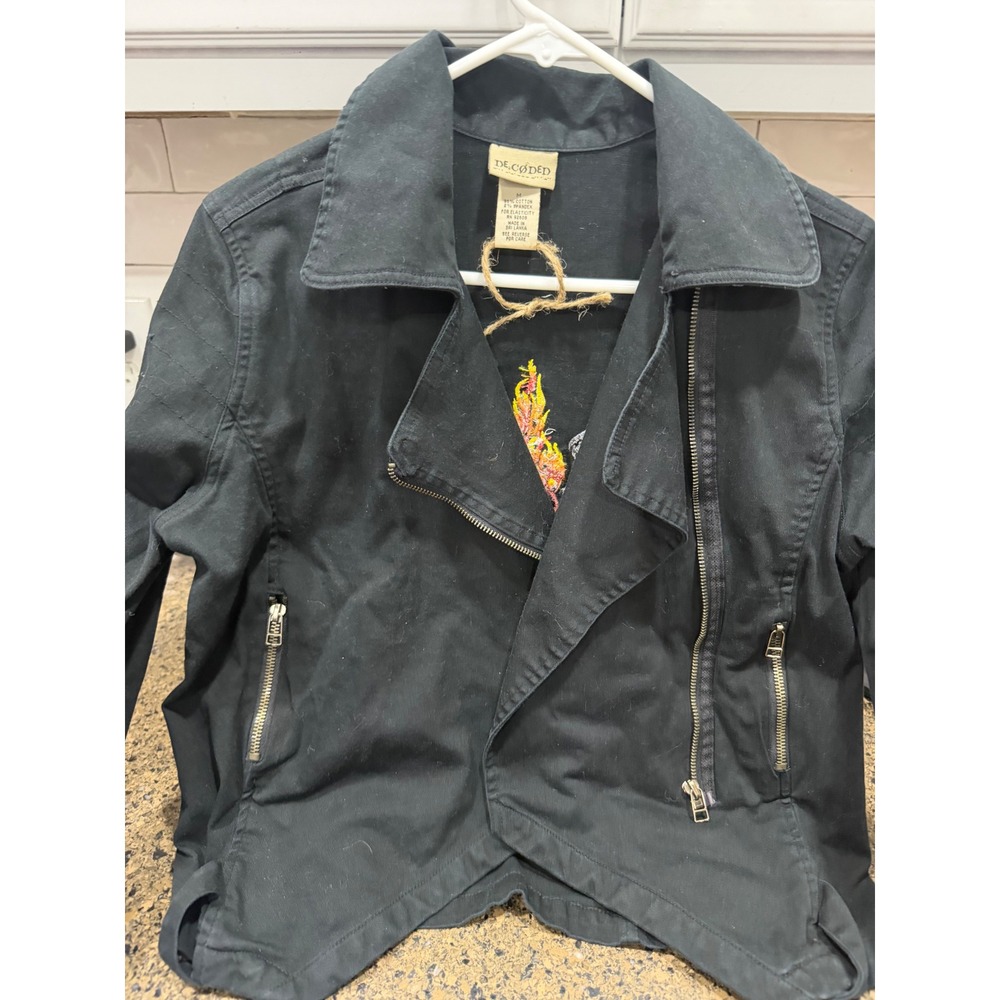 DE.CODED Black Moto Jacket Wings Heart Flame Embroidered Women's Size M‎ NEW